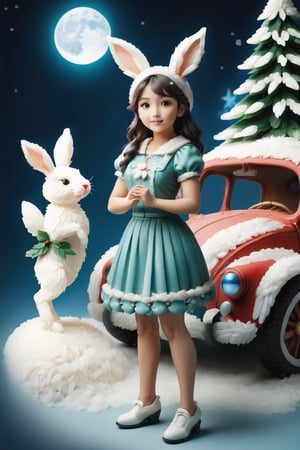 (Masterpiece, Best Quality: 1.5), Intricate paper sculpture, Christmas line art, a beautiful Christmas Taiwanese girl standing next to a future styled Christmas rabbit car, magic, 8K quality, (detailed beautifully face and fingers), (five fingers) each hand, mysterious, moonster,moonster,ral-chrcrts,styr