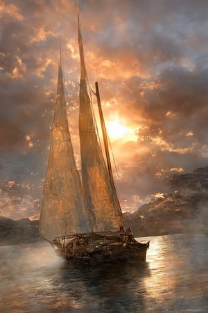 (((masterpiece))), (((best quality))), ((ultra-detailed)),  sailboat in lake, beautifull sunset  back ground, sun mirror on lake, cinematic light 