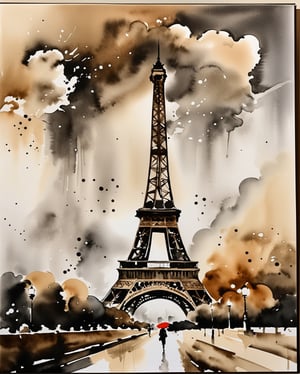 A captivating fusion of Chinese ink wash technique and Western perspective, featuring the iconic Eiffel Tower. The painting is characterized by fluid, expressive brushstrokes, and a dynamic composition, reflecting the essence of Chinese landscape painting. The tower's architectural grandeur is accentuated by the use of chiaroscuro, adding depth and dimension to the scene. The harmonious blend of Eastern and Western aesthetics creates a captivating visual narrative that transcends cultural boundaries.
