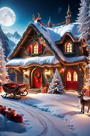 ((Santa Claus's house is in a cave, Santa's house is decorated with Christmas decorations, and a Reindeer sled is parked in front of the house. Imagine a very surreal scene)),(masterpiece, best quality, ultra-detailed, 8K),Reindeer sled full of luggage ,glossy,aesthetic,intricate, realistic,cinematic lighting,diagonally above angle,white body, Christmas theme,With a Christmas theme ((Reindeer sled decorated in Christmas style)), 