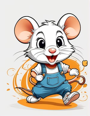 1 cartoon character ilustration, cute mouse:  a funny impression jump, there is no background image, the background is just pure white, blank background, solo, tshirt design 
