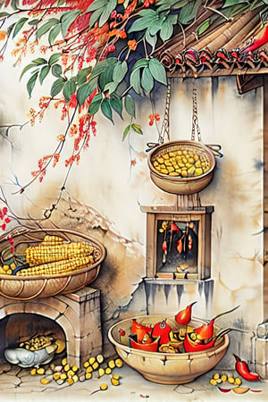 best quality,masterpiece,dynamic angle,highest detailed,(clearness:1.3),,chinese watercolor painting,(hanging basket:1.2),garlic,under the roof,window,footstep,fallen leaves,(red chili peppers hanging on the wall:1.3),(corn grain:1.2),ChineseWatercolorPainting
