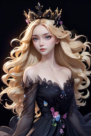 black background, long hair, solo, parted lips, crown, lips, flower, 1girl, upper body, blonde hair, dress, looking at viewer
