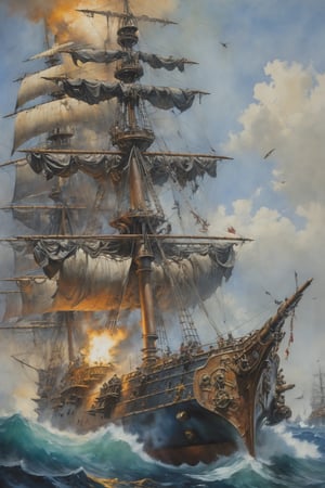 detailed full-length picture, masterpiece, best quality, ultra high resolution, visually stunning, beautiful, award-winning art (abstract art: 1.3), beautiful ))), oil painting ceberpunk A pirate Spanish brig sinks an English battle frigate in cyberpunk battle, Watercolor, trending on artstation, sharp focus, studio photo, intricate details, highly detailed, by greg rutkowski, more detail XL, hyper detailed, realistic, oil painting, by julie bell, frank frazetta, cinematic lighting