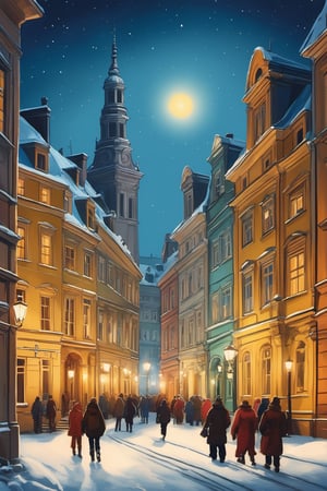 Incredible cityscape on a winter moonlit night before Christmas, hight angle, close-up, unknown old city, a taste of the coming holiday, festively decorated Christmas tree, snow, light in some windows, inspiration from the architecture of old Warsaw, drawing with colored pencils in the style of a classic painting, global ambient lighting, local lighting, balanced composition with depth of scene, well-designed composition plans, well-matched complimentary colors, high image detail, complex details, octane rendering, highest quality, high-quality textures, sharp focus