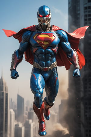 A futuristic Superman suit in the style of the movie "Alien vs. Predator". The suit is made of a氪星合金, and it has a classic Superman design with a red and blue color scheme. Superman is flying over a futuristic city, saving people from a burning building. The background is bright and hopeful, with a clear blue sky and shining sun.

