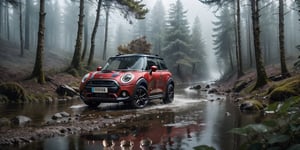 pickup car, designed by MINI, red body, open front light, rugged customize, on the stream in the woods, rainy, (best quality, realistic, photography, ultra detailed, 8K, HDR, photorealism, naturalistic, lifelike, raw photo) 