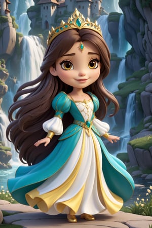 chibi, full body, Odette from the swan princess, long cascading brown hair, long hair, curly hair, detailed light brown eyes, bright brown eyes, Wearing alluring medieval-styled yellow dress, flowing white dress with teal puffed sleeves and teal belt, dress enhanced by intricate details,  Alluring, sweet, on eye level, scenic, masterpiece, 1 girl, hyperdetailed face, full lips, background is waterfall,3d style, very happy, happy eye, smiling, smile, Small head size, Holding a small Wand.
