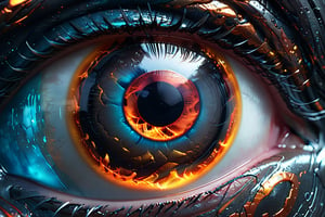 A mesmerizingly luminescent eye, like liquid fire flowing through glowing veins, is depicted in hyperreal detail in this fantasy and sci-fi-inspired image. Utilizing ray tracing and hyper-realistic techniques, the octane render captures a close-up view that feels almost tangible, akin to macro photography. The fiery intensity of the eye is intensified by the intricate detail, creating a visually stunning and immersive experience that transports viewers to a fantastical realm.,glitter,crystalz,DonM3l3m3nt4lXL,Disney pixar style,Cyberpunk,LegendDarkFantasy,SteelHeartQuiron character, 3D SINGLE TEXT