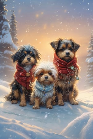 Hyper-detailed painting, Jean-Baptiste Monge style, a three small and cute dogs sad and cold in the snow, under a single outfit of cold, splash, bright, fluffy, adorable, filigree, lights, fluffy, magical, surreal, fantasy, art digital, ultra hd, hyperrealistic illustration, vivid colors, UHD, perfect cinematic light,greg rutkowski