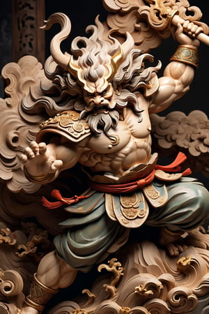 masterpiece, high quality, realistic aesthetic photo, pore and detailed, intricate detailed, graceful and beautiful textures, RAW photo, 16K, cinematic lighting, simple background, 
ancient fantasy works, ferocious, fighting pose, old sculpture, (japan fighting-god of old wooden sculpture), works by Unkei, ,mythical clouds