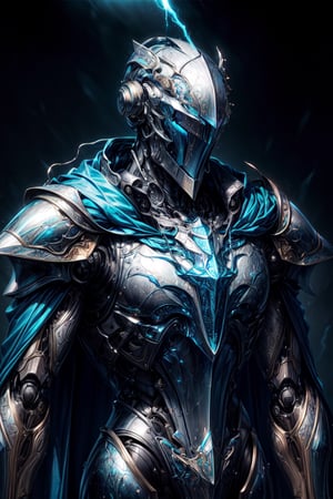 (masterpiece, best quality, Realistic, Photorealistic) extremely detailed, intricately detailed, portrait, 1_boy, ((robot, wizard, knight)), (Steel armor, cyan trim, blue cloth attachments, blue cloak), chiaroscuro lighting, ray tracing, polished, high resolution, volumetric lightning, 