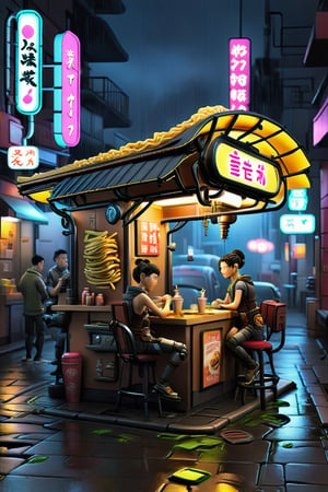 a cyberpunk steampunk noodles kiosk, night, customers, steam, eating ramen, streets, puddles, rain, futuristic, neon, robots, androids, aliens