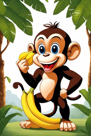 drawn 1 cartoon character , mongkey :  a funny impression to the smile charakter, eat banana, bacground white