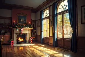 ((masterpiece, best quality, ultra detailed, high resolution, very fine 8KCG wallpapers)), 1girl, solo, There is a large window on the left side of the room, There is a fireplace on the right side of the room, There is a large Christmas tree in the center, There is a girl in front of the Christmas tree, The girl is looking up at the large Christmas tree, the girl looks very happy, warm lights, soft lights, snowy outside the window, neon, cinematic, portrait, romantic, intricate details, ray tracing, studio ghibli style, Hayao Miyazaki style, Studio Ghibli, nice hands, perfect hands,