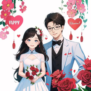 masterpiece, high quality,  (2d flat illustration), 1 female Vietnamese, 23yo, wears white dress is smiling very happy with her Boyfriend on Valentine Day. 