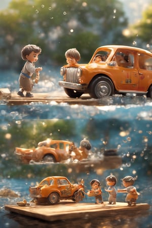 (((masterpiece))), (((best quality))), ((ultra-detailed)), group of child , playing woodenbox car , beautifull back ground, sun mirror on lake, cinematic light, ,chibi