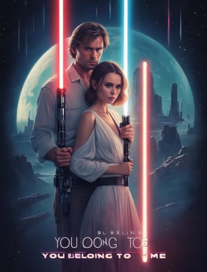 Movie Poster "You belong to me", lightsaber, honeymoon style,  8k,  cinematic,  bright light. text logo "You belong to me"