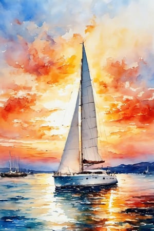 water paint style, at sunset, a yacht in the back, pure white background, Works Gustave Moreau painted ,photo r3al,ink 