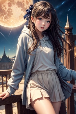 {{Top Quality}}, {{Masterpiece}}, {{Super Detail}}, {Illustration}, {Detailed Light}, {Very Delicate and Beautiful}, {Beautiful Detailed Eyes}, Colored Inner Hair, starry sky decoration Hair, depth of field, girl running, sky, hoodie, skirt, fantasy world, huge building, big moon, shooting star, small breasts, joyful, akemi