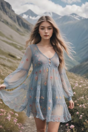 20 year old girl wearing a babydoll dress sheer see-through dress with floral knitting in the mountains full of flowers, hair flying in the wind.