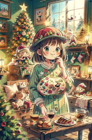 anime background art, relaxing concept art, anime scenery concept art, immensely detailed scene, a beautiful artwork illustration, highly detailed scene, beautiful anime scene, anime scenery, detailed soft painting, oil painting, vintagepaper, Christmas decoration, (a girl drinking 1 hot coffee in an indoor cafe),((cute face, kawaii)), Christmas trees, Christmas hat,bright_pupils, smile face, windows,watercolor