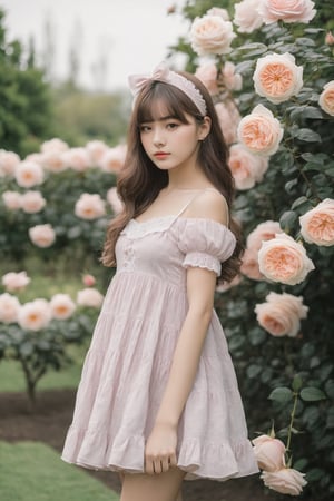 20 years old girl wear babydoll dress in the rose garden
