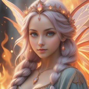 fire fairy, (CS) Close shot, muted colors, looking straight, digital art, medieval, hyperdetailed, 8K resolution, ultra quality, trending art station, Genre: Concept Art, pastel colors