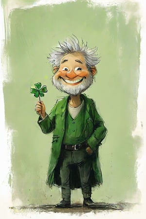 efektowna kolorowa farba przedstawiająca uroczy rysunek>Saint Patrick, orthodox style,icon,  a man with gray hair , holds a clover  shamrock leaf in his right hand,, dressed in a green bishop's outfit ,the man is smiling, a  book with a cross on the cover in his left hand,  Transparent Background <,cute cartoon ,T Shirt Design,TShirtDesignAF