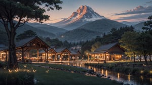 (Masterpiece, ultra detailed, hyper quality, best result) beautiful market in mid eval village, sunset, trees and grass looks beautiful, mountains on the foreground. ,High detailed ,firefliesfireflies