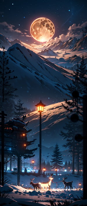 Masterpiece, top quality, high definition, high resolution
Huge full moon, dark blue night background, central road, snow piled up, fir trees planted side by side, standing alone, one girl, details, lined up christmas lights, red lantern lighting, thinly hazy, (silhouette of reindeer pulling a sleigh in the night sky),