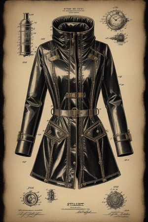 patent style drawing of steam down jacket in ink on an old paper,(steampunk:1.2),old fashioned,nostalgie,black background