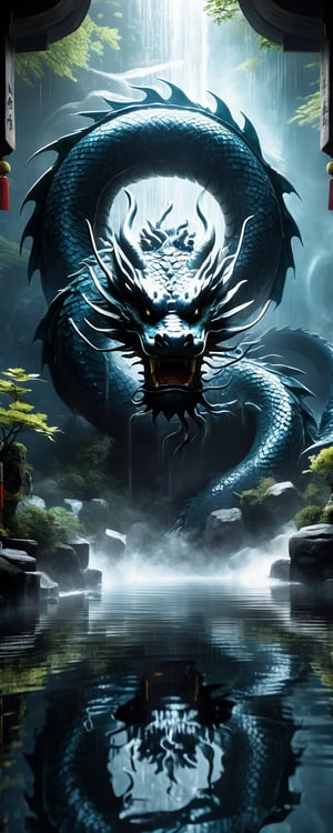 Mystical scene, 'Hidden dragon, do not act' concept, traditional Chinese dragon, splendid scales, lurking in depths of ancient dragon pool, readiness yet restraint, partially concealed by dark waters, immense potential, controlled power, mysterious setting, silhouette barely visible, wisdom of hidden strength, strategic patience, by FuturEvoLab, (Masterpiece, Best Quality, 8k:1.2), (Ultra-Detailed, Highres, Extremely Detailed, Absurdres, Incredibly Absurdres, Huge Filesize:1.1), evoking anticipation and mystery,Katon,Ninjutsu
