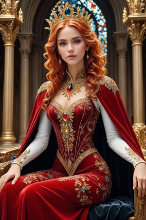 Detailed ultra-realistic full body shot of a female character named Sibyl represesenting a beautiful golden crowned princess. She is (majestically seated on a high throne:1.2) intricately carved, inside a (gothic cathedral:1.6) with many (stained glasses:1.6). Sibyl has copper colored hair, young perfect looking smiling face, perfect eyes, makeup, hypnotizing gaze. She wears red velvet and white silk dress, crystal and gold ornated, crystal feathers, (richly art nouveau style jewels:1.6), red velvet (cape:1.4), large long sleeves, wide skirt covering legs completely. (Masterpiece:1.8), intricate, elegant, highly detailed, (light particles:1.2), sharp focus, 8k, canon eos 450D, crystalz,APEX SUPER REAL FACE XL 
