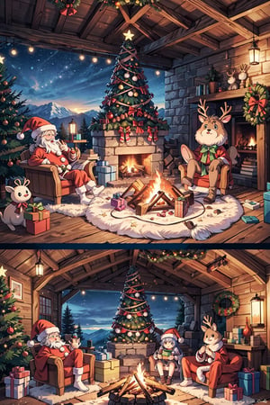 ((Anime)), Santa Claus living in a cave, primitive setting, campfire in the middle, reindeer in the far back, Christmas tree, more detail XL, SFW, solo, closeup shot