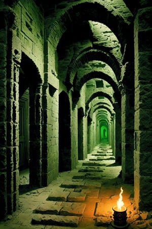 an ingenious maze, intricate paths with towering walls, intricate patterns carved into the stone, mysterious passages leading to unknown destinations, dimly lit corridors with flickering torches, surrounded by an eerie silence,emphasizing the maze’s complexity and mystery, in a style reminiscent of ancient Greek architectural drawings.,nodf_lora,green theme