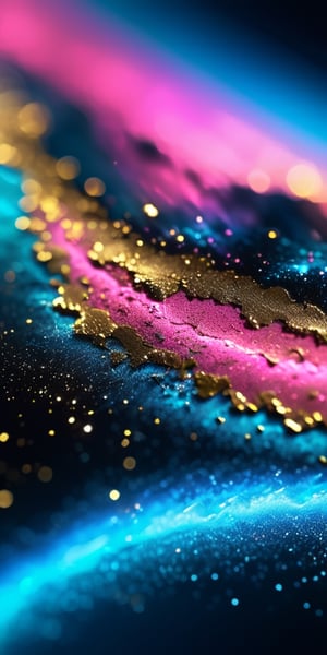 close up angal ((on the air )) , ((gold neon pink blue  dust ) , detailed focus, deep bokeh, beautiful, dreamy colors, black dark cosmic background. Visually delightful ,3D,more detail XL ,more detail XL