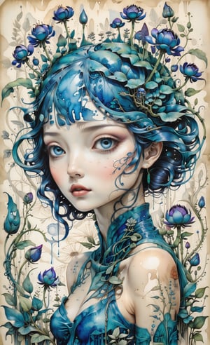 ballpoint pen and watercolor, fluid watercolor, top-notch craftsmanship, triple exposure, retro tones of triadic blue, worn parchment "THE SECRET GARDEN", hauntingly complex rendering, Viveros, Audrey Kawasaki, Brian Despain, 2.5 D, blueprint, retro-futuristic , distressed parchment art, collage, elaborate narrative illustration, cinematic, meticulously intricate, otherworldly, iridescence, intricate palette, immersive setting.