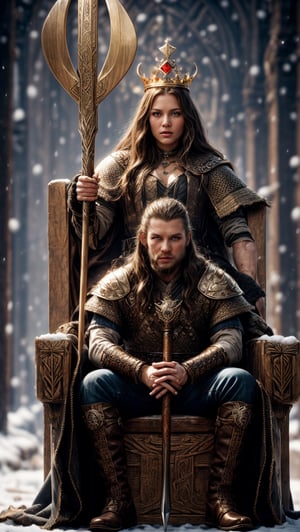 Realistic king and queen sitting on vikings throne, detailed realistic face, high quality eyes, furious suitation in place, face, backround snow , adventures, wearing fancy gold, holding vikings axe, holding huge spear and shield, realistic HD face, 