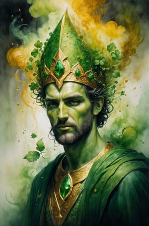 St. Patrick's face melding into dark fantasy smoke with Irish fairies and spirits, watercolor style by Greg Rutkowski, green and gold color theme, set against a stark white background, trending on ArtStation, sharp focus, studio photo aesthetic, intricately detailed with a light and moody atmosphere, highly detailed, golden ratio.