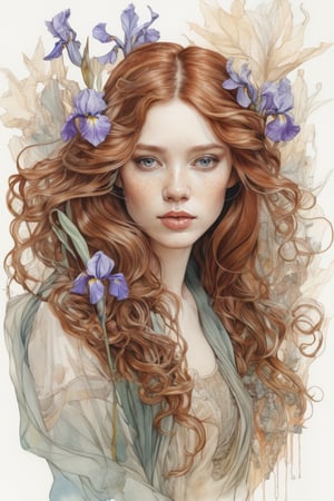 watercolor drawing, sticker, photorealism, portrait, beautiful girl, long flowing curly auburn hair, surrounded by iris and leaves, tulle, chiffon, floral embroidery, botanical, elaboration, high detail, glass and stone, intricate details, elegant, aesthetic, lineout, surrealism, realistic, high quality, work of art, hyper-detailed, professional, filigree, hazy, super-detailed, muted colors, style Stephanie Law and Alphonse Mucha and Carne Griffiths,sketch art,ink 
