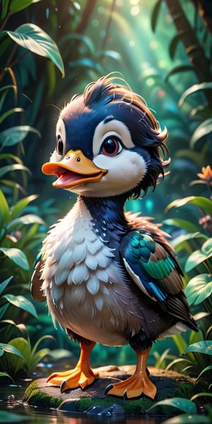 close up angle of, , ((),(3d Mallard Duck )) surrounded by jungle( )  ,animal, detailed focus, deep bokeh, beautiful, , dark cosmic background. Visually delightful , 3D,more detail XL,chibi,Rainbow kitten 
