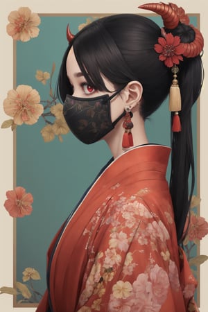 oniNFT,  1girl,  solo,  black hair,  jewelry,  earrings,  mask,  red eyes,  japanese clothes,  letterboxed,  kimono,  profile,  mask on head,  floral print,  from side,  horns,  tassel,  hair ornament  <oniNFT-block:1,  , nijilorawolf, 