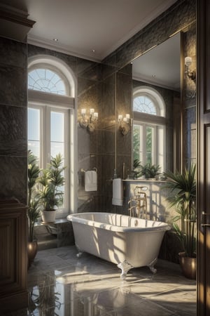 (best quality, masterpiece, high_resolution:1.5),Ultra-realistic 8k, hd image quality, sharp detail, indoors, no humans, window, plant, scenery, reflection, mirror, door, tiles, tile floor, bathroom, bathtub, tile wall, toilet, sink, faucet.