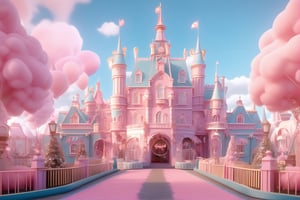 pinky wonderland theme, cute atmosphere, fairytale-like castle, mixed with a theme park, a theme park of 19th-century london street, masterpiece, intricated party decoration, pixar art style, candyfloss texture, high equality, high definition cg wallpaper, 8k