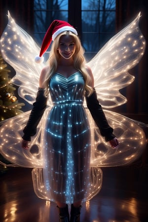beautiful blonde 25yo woman as christmas angel with wings, wearing fluffy red and white christmas dress, smiles joyful, stunning blue eyes, blonde hair with red streaks, ponytail, raw photo, as an angel with wings, standing infront of a christmas tree, holding a burning candle, snow falls, lightrays, lights,12k high definition, 8k ultra fine detail, sharpening, :: sharp, enhance, 16k super resolution, clarify :: natural lighting, photo-realistic, 50mm lens, natural lighting, professional panorama photography, studio lighting, canon lens, shot on dslr, 64 megapixels, sharp focu,REALISTIC,Santa Claus,Realism,DonMF41ryW1ng5,wings, christmas dress
