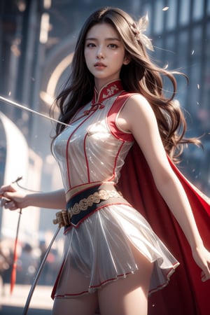background is ancient chinese war,an archer,1 girl,beautiful korean girl, holding a battle bow, aim at bow,ready to shoot,very long hair, hair_past_waist(curly hair, dark hair),sleeveless cloth(silver transparent),cape,short skirt,
Best Quality, photorealistic, ultra-detailed, finely detailed, high resolution, perfect dynamic composition, sharp-focus, 