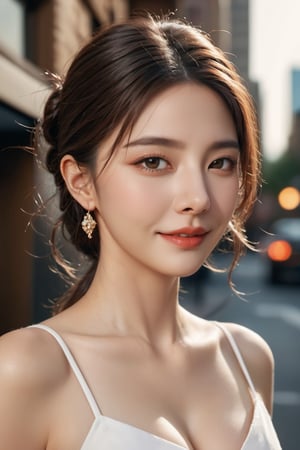 (masterpiece, Best Quality, photorealistic, ultra-detailed, finely detail, high resolution, 8K wallpaper), a close-up portrait of 1 beautiful woman, standing in the city, earrings, necklace, smiling happily, light-brown messy long hair, in black business suit, white collared shirt, unbuttoned, sharp-focus, large-sized breasts, perfect dynamic composition, beautiful detailed eyes, detailed hair, detailed realistic skin texture, a cover of a fashion magazine, professional photography, 