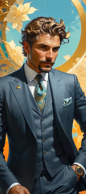 A fantastic painting of a man in a suit, by Greg Rutkowski and Alphonse Mucha. Trending on Artstation, 8k HD wallpaperj GTA 5 cover, official media, beautiful, very beautiful, detailed, high quality, wallpaper 4K, epic, trending on artstation and behance, dynamic lightning, intricate details, energetic composition, golden ratio, concept ,Color Booster