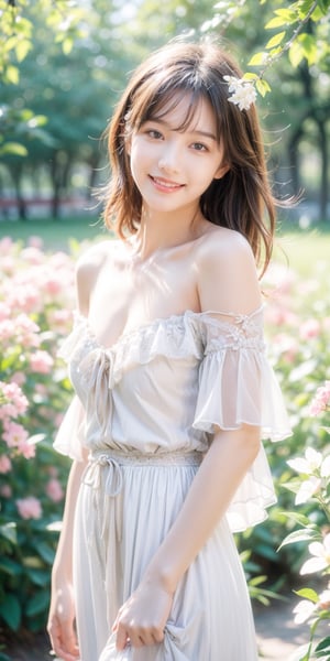 Best quality, masterpiece, ultra high res, (photorealistic:1.4), raw photo, 1girl, white dress, off shoulder, blossom flower field, glowing skin, light smile